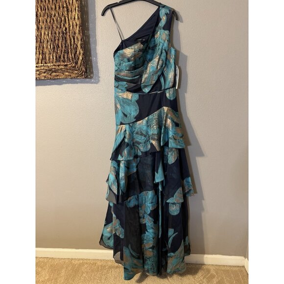Aidan Mattox Formal Gown 16 Tiered Ruffle A Line Metallic Blue Gold NEW $595 - Picture 5 of 9